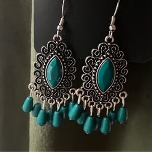 Small teal bead chandelier earrings